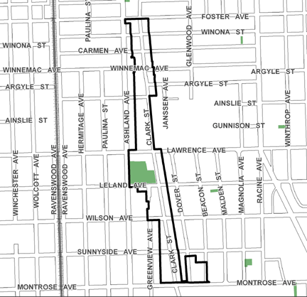 Clark/Montrose TIF district, roughly bounded on the north by Foster Avenue, Montrose Avenue on the south, Beacon Street on the east, and Ashland Avenue on the west.